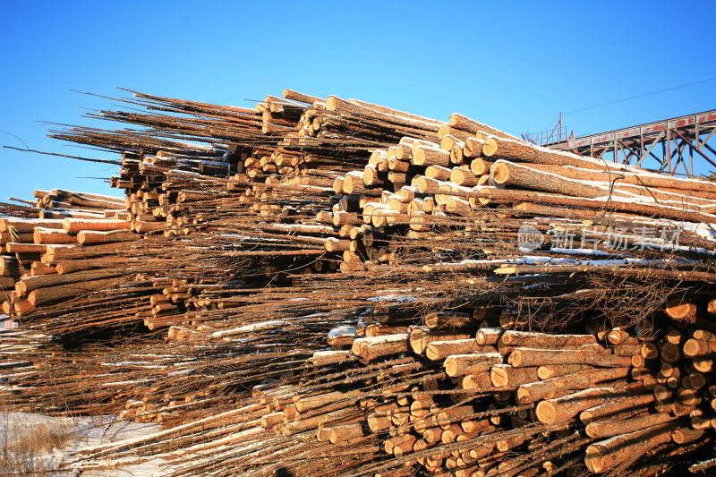 大兴安岭贮木场堆积的木材