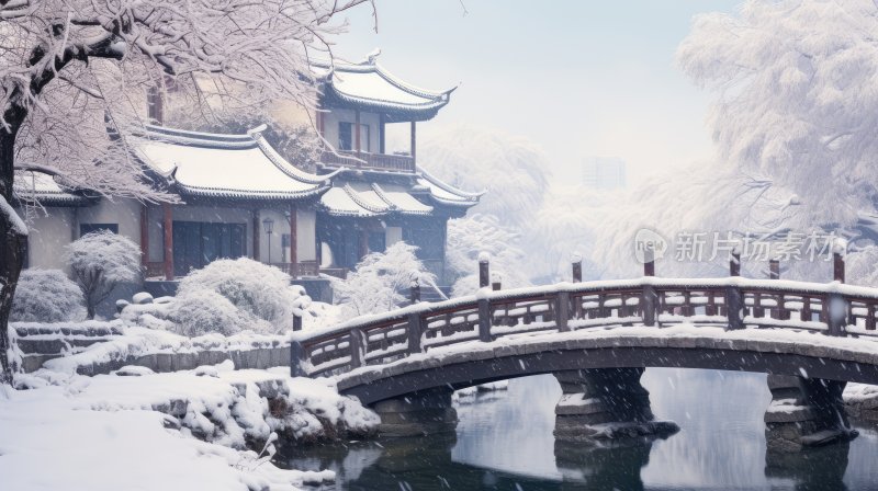 江南雪景，冬季里的江南小镇水墨画