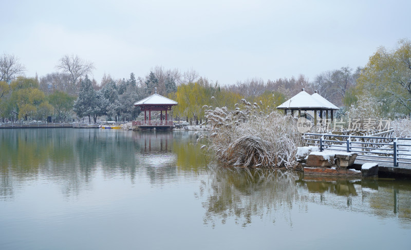 公园湖泊雪景