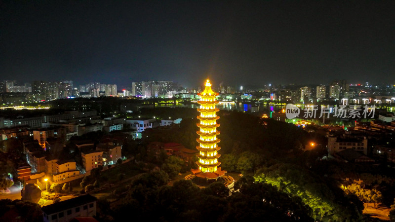 航拍湖北鄂州莲花山元明塔夜景