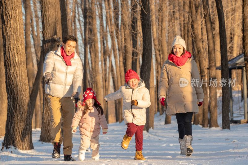 欢乐家庭在雪地里玩耍