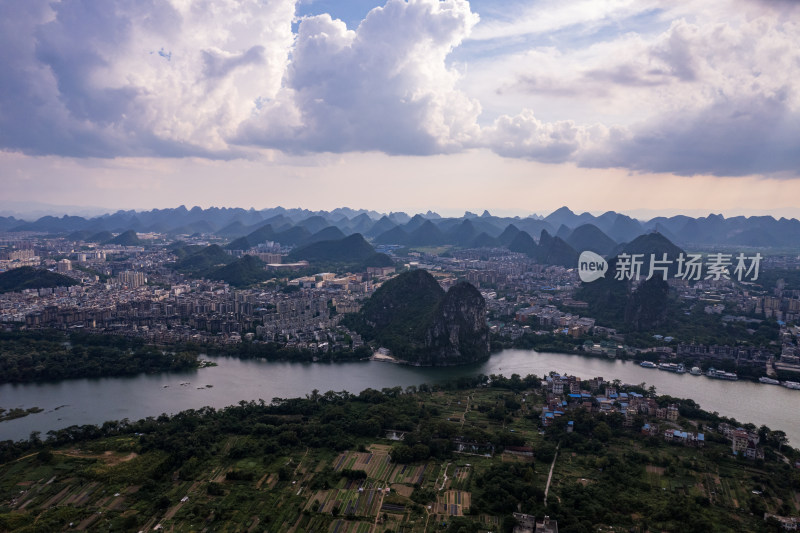桂林漓江城市风景及自然风光日落晚霞航拍