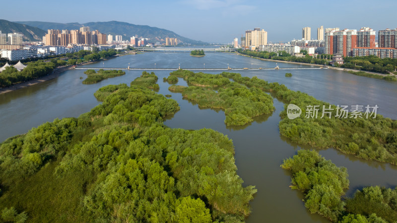 河南省宜阳县洛河两岸城市楼房天际线航拍