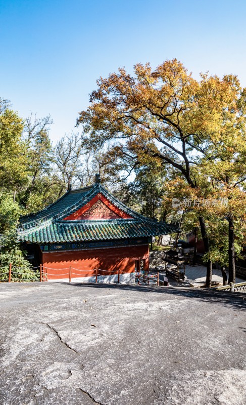 峄山秋日中式古建筑与树木景观