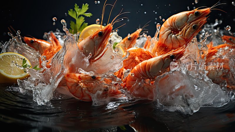 新鲜大虾泡在水里配各种新鲜蔬菜