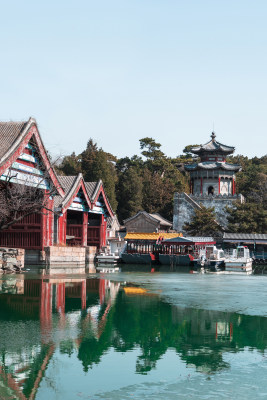 初春中国北京颐和园公园的湖水楼阁