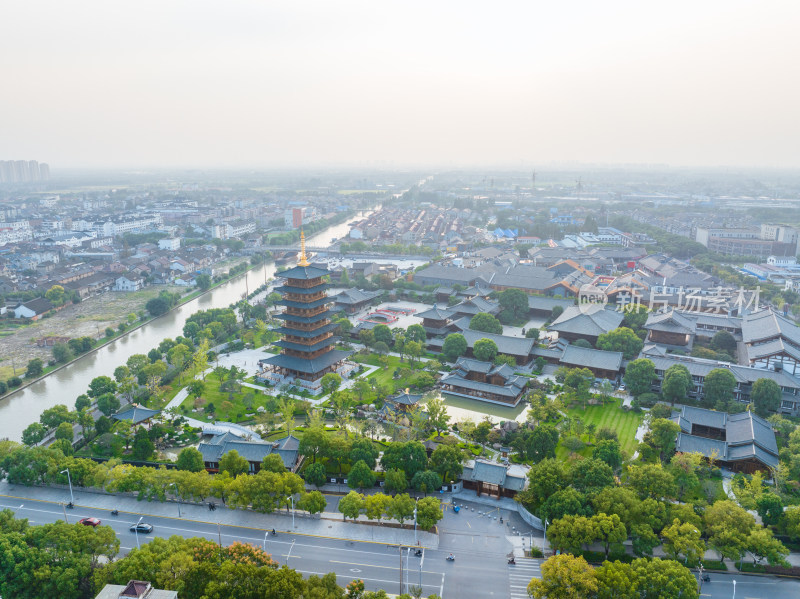 航拍上海宝山寺佛教寺院自然风光