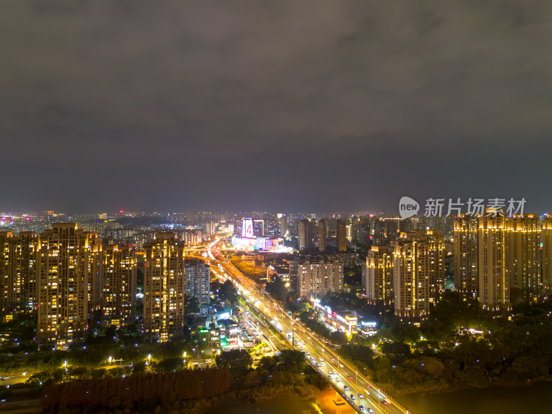 航拍福州城市夜景下与繁华立交桥及周边建筑