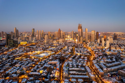 天津五大道文化旅游景区城市日落雪景风光