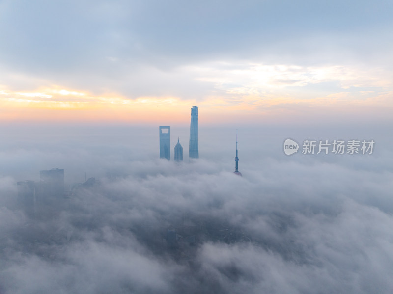 航拍上海陆家嘴高楼城市云海平流雾