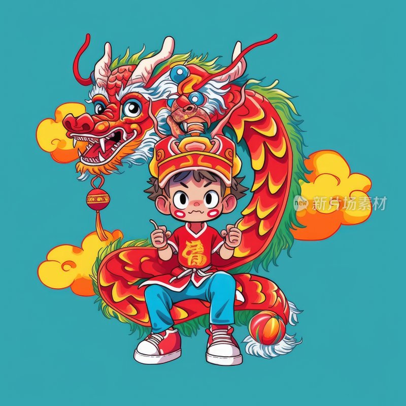 国潮插图，舞龙的小男孩