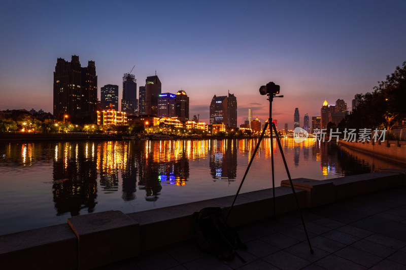 天津海河风景小白楼CBD城市夜景航拍