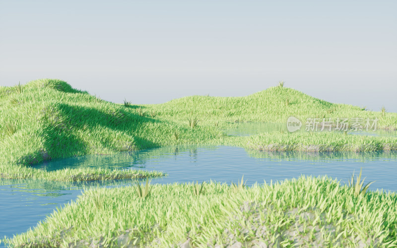 茂盛的草地与湖泊3D渲染
