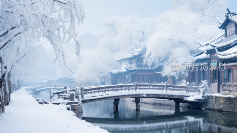 江南雪景，冬季里的江南小镇水墨画