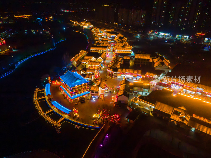 曲阜蓼河古街古建街区夜景航拍