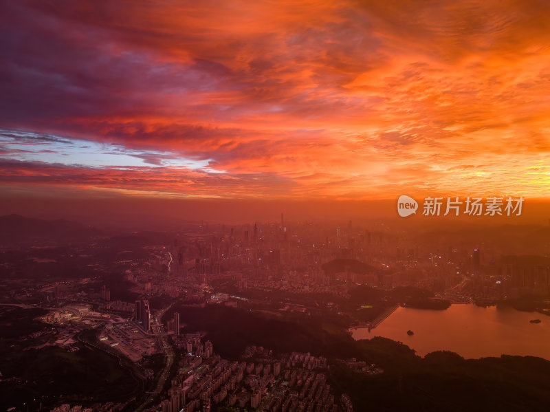 深圳梧桐山大湾区日落火烧云日落夜景航拍