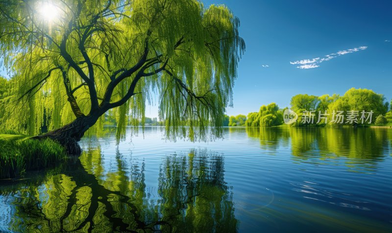 湖面柳树垂柳水面倒影宁静唯美背景