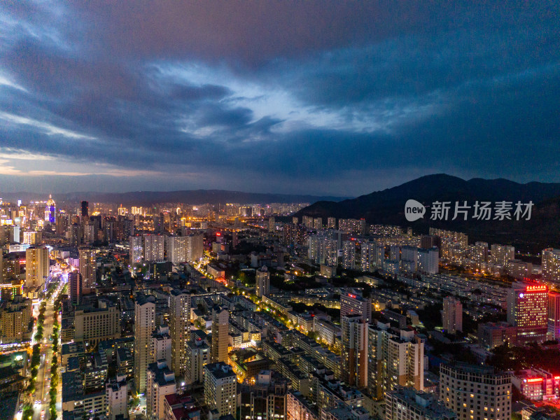 西宁城市夜幕降临夜景航拍图