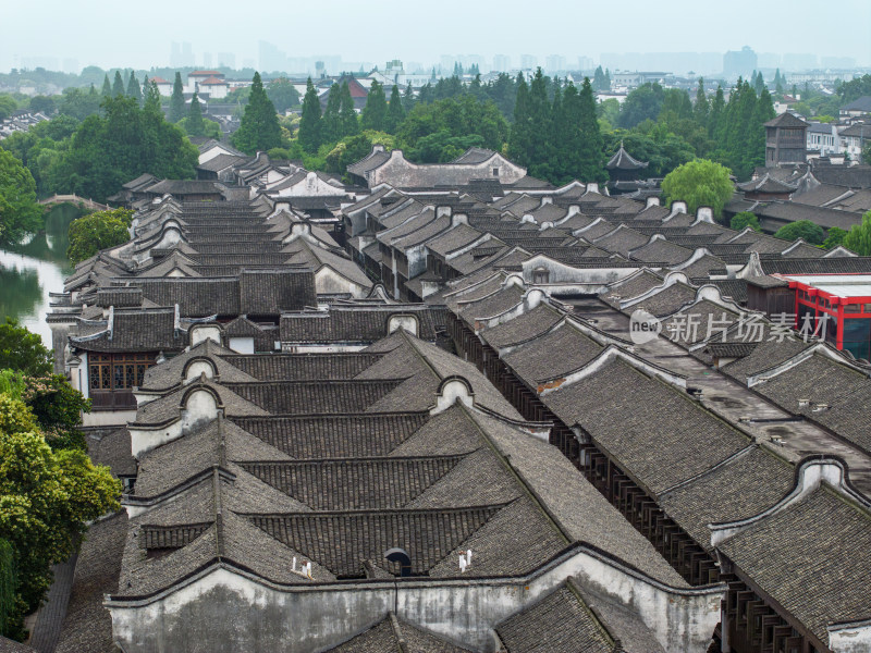 航拍江南水乡古镇乌镇全景