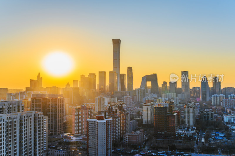 北京国贸CBD城市天际线日落夕阳