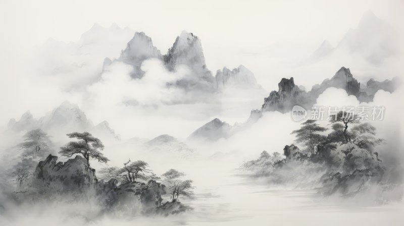 中国风水墨风景意境插画