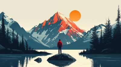 晨光下的宁静山峰：独行者与自然的和谐画面