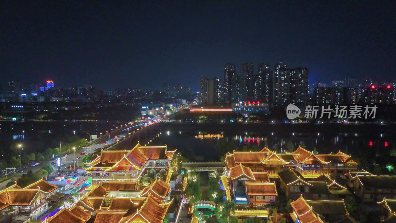 四川眉山东坡印象水街夜景航拍