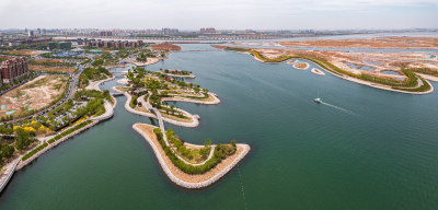 天津滨生态城南湾公园花园海岛城市自然风光