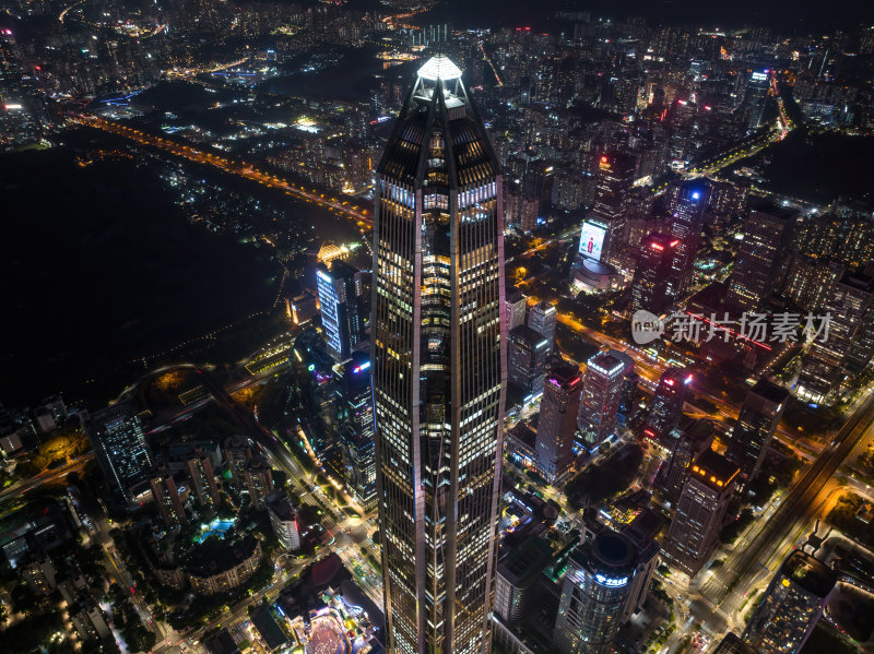 深圳福田CBD大湾区平安大厦夜景蓝调航拍