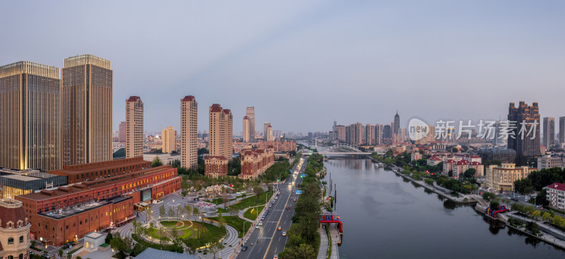 天津海河刘庄直沽桥日落城市建筑夜景航拍