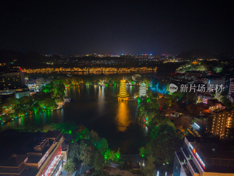 广西桂林日月塔夜景航拍