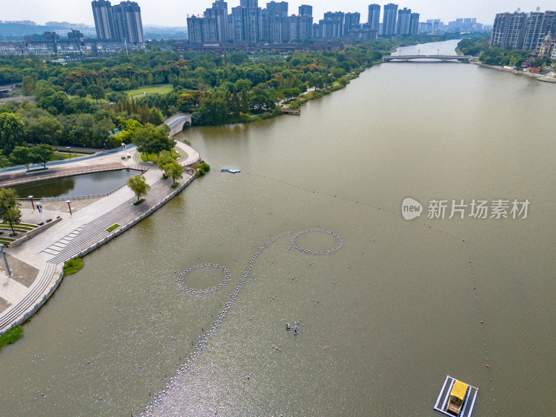 眉山远景楼河流周边风景航拍图