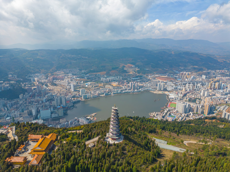 航拍云南红河州个旧市城市风光