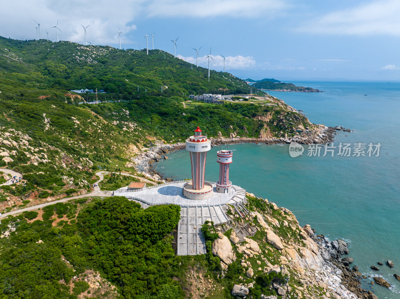 航拍夏季广东汕头南澳岛三囱崖灯塔风光