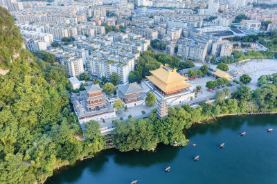 航拍广西柳州文庙与城市居民楼