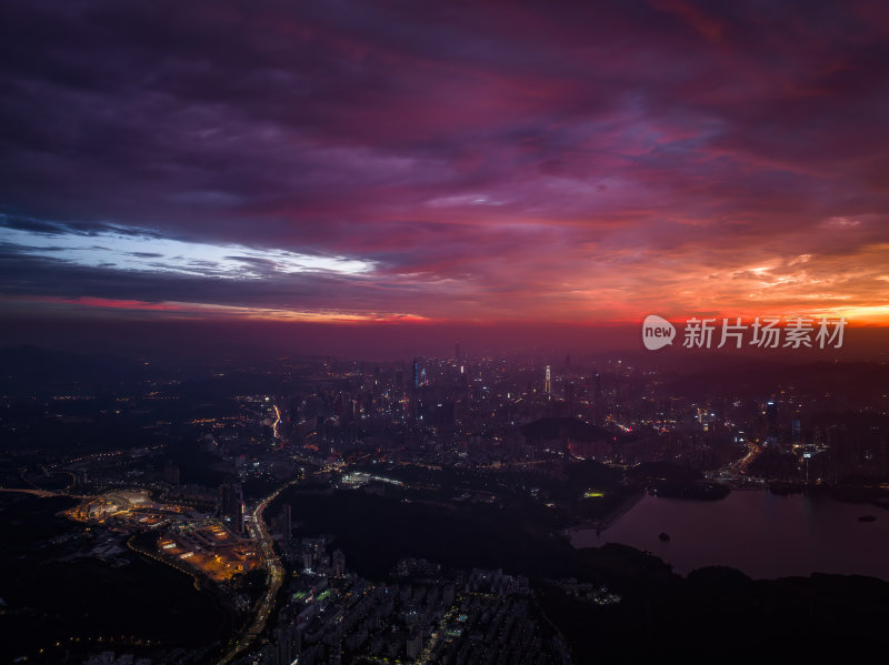 深圳梧桐山大湾区日落火烧云日落夜景航拍