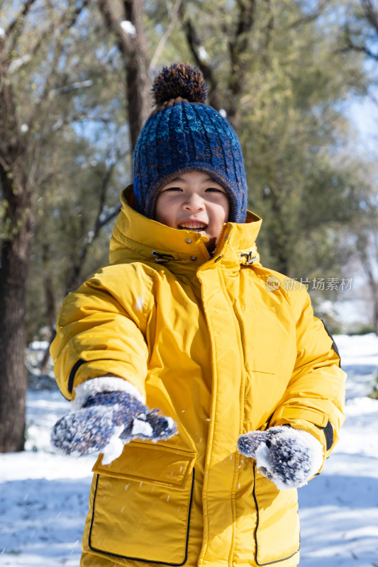 快乐的小男孩在雪地里玩耍