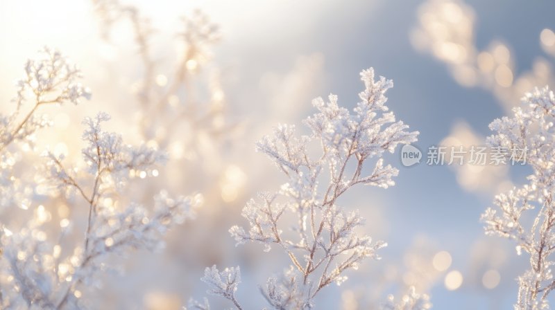 暖阳植物树枝叶子雾凇冬天雪景