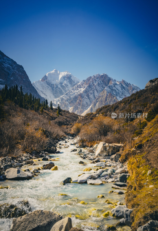 雪山冰川脚下的河流风景