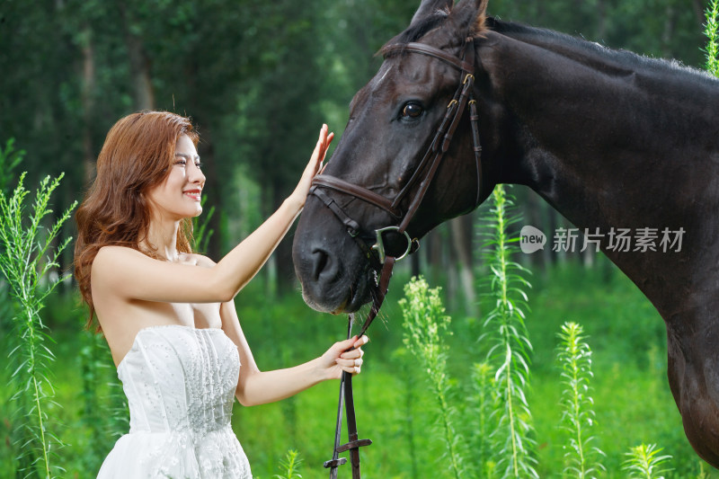 草地上漂亮的青年女人牵着马