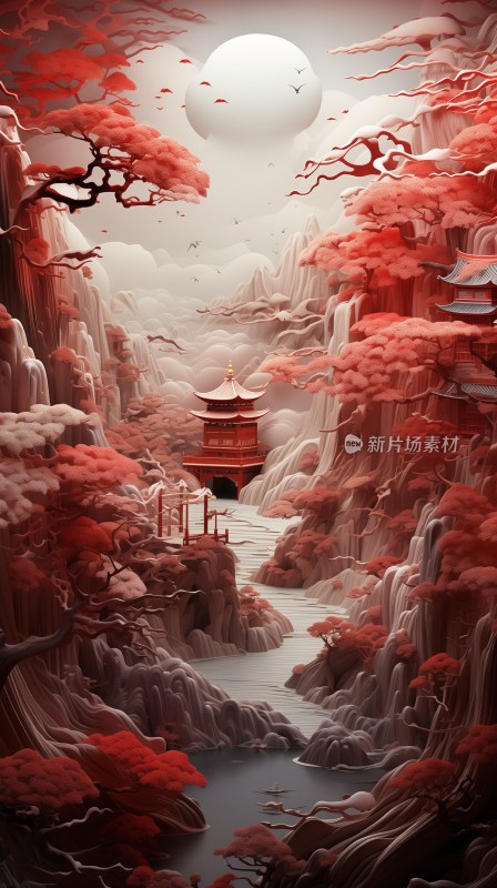 3D中国风红色国潮水墨画古风背景