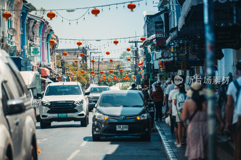 泰国曼谷老街人流车流