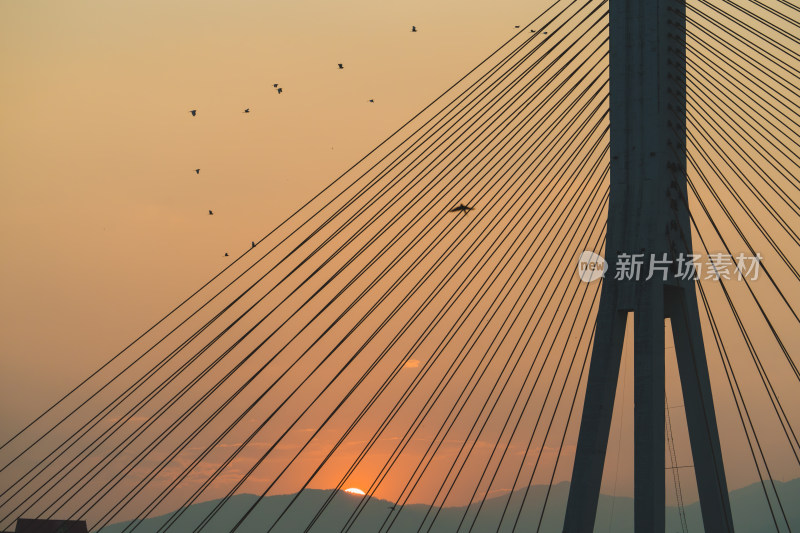 夕阳下的天空映衬下的剪影桥