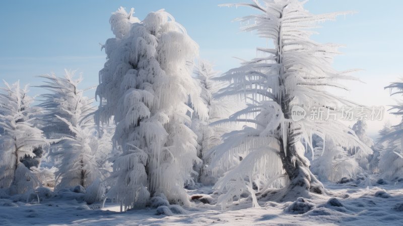 冬季雪山林中被冰雪覆盖着的树