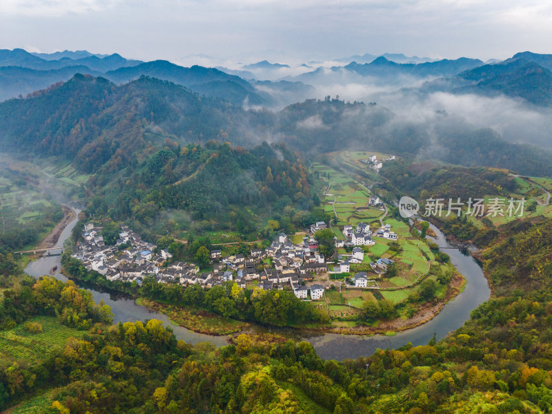 安徽徽州皖南群山云海河流仙境云端村落