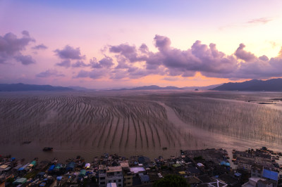 海上日落晚霞的福建霞浦沿海滩涂自然风光