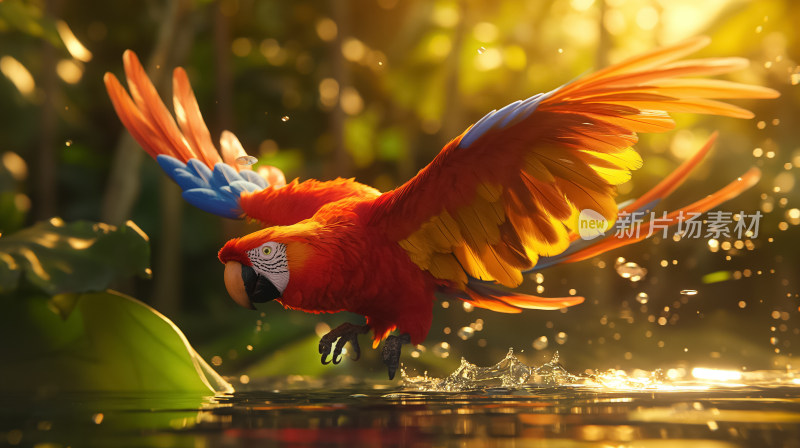 黄昏光辉中飞翔鹦鹉：热带雨林的色彩交响曲