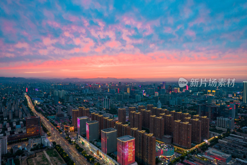 河北石家庄夕阳晚霞火烧云夜景航拍摄影图