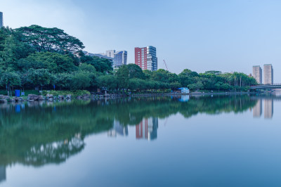 佛山千灯湖公园湖泊树林与城市高楼建筑