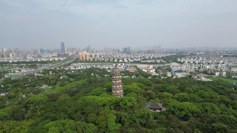 航拍江苏苏州虎丘山风景名胜区虎丘斜塔